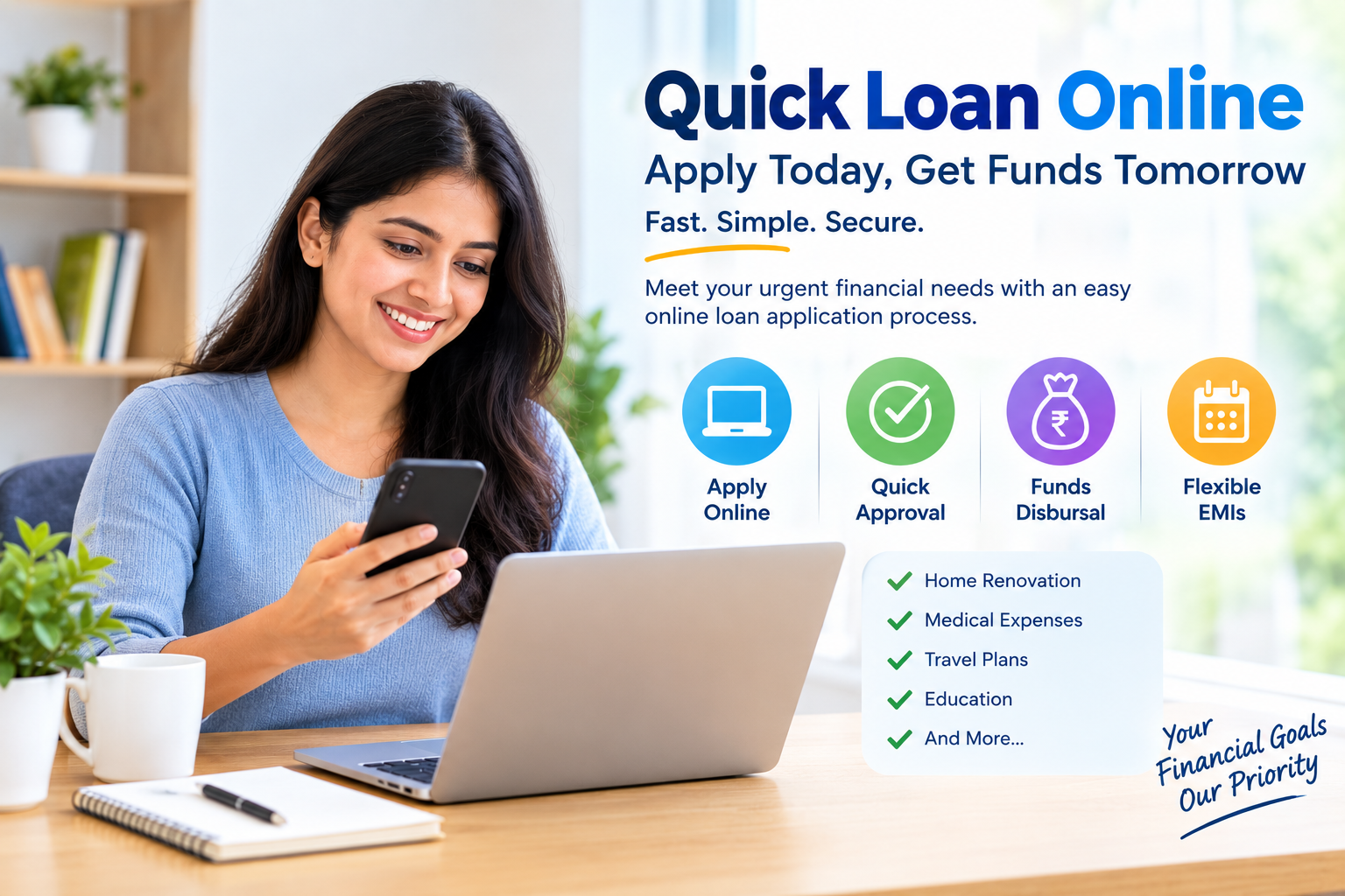 Quick loan online promotional banner featuring a smiling Indian woman using a smartphone and laptop, highlighting fast loan applications, quick approval, fund disbursal, flexible EMIs, and financing for medical expenses, home renovation, travel, and educa